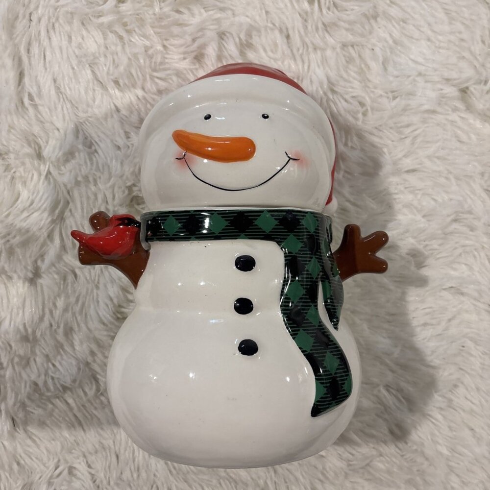 Celebrate it Snowman w/scarf, Ceramic Cookie Jar in great condition 11.5" Tall